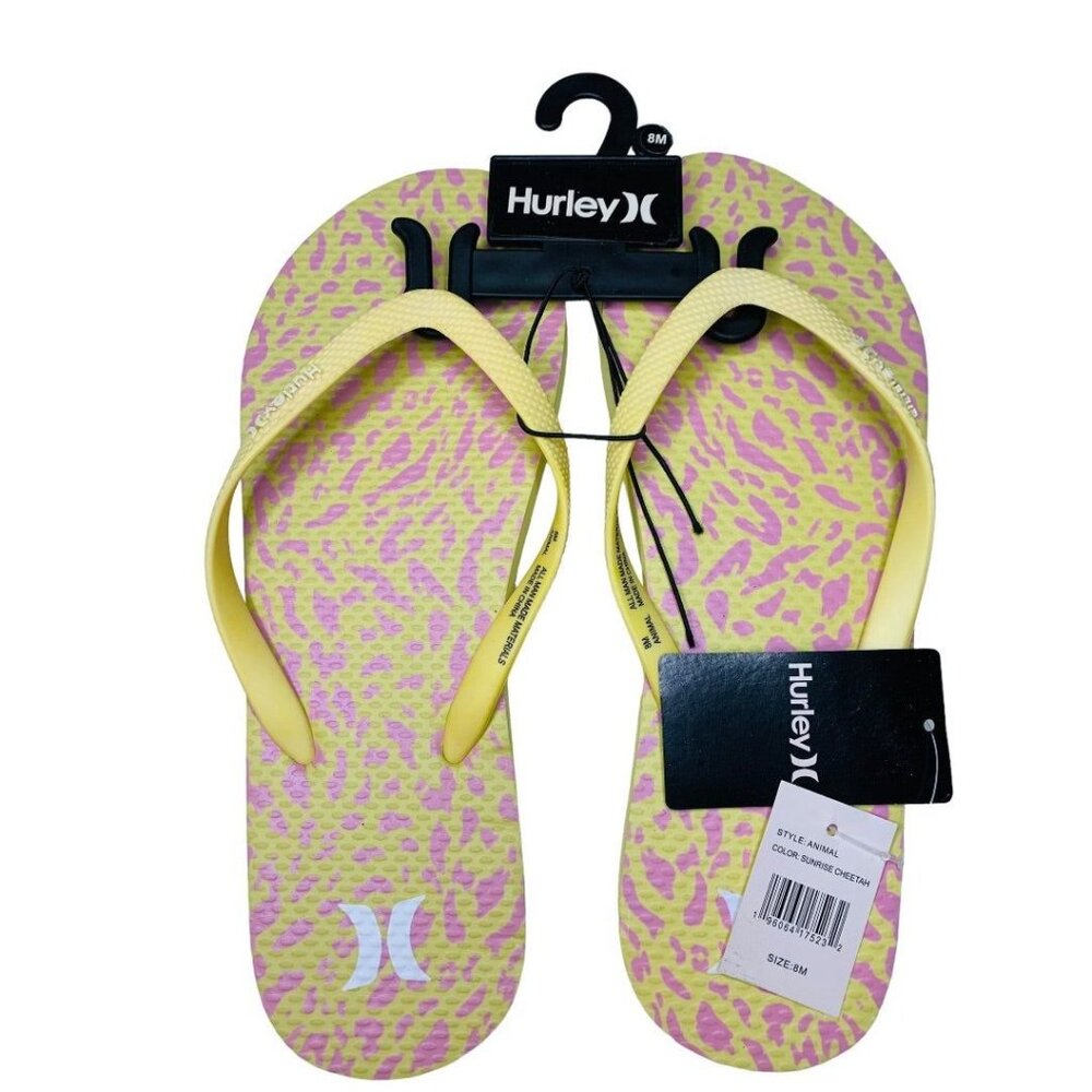 8M Hurley Womens New Animal Flip Flops Yellow Pink Cheetah Sunrise